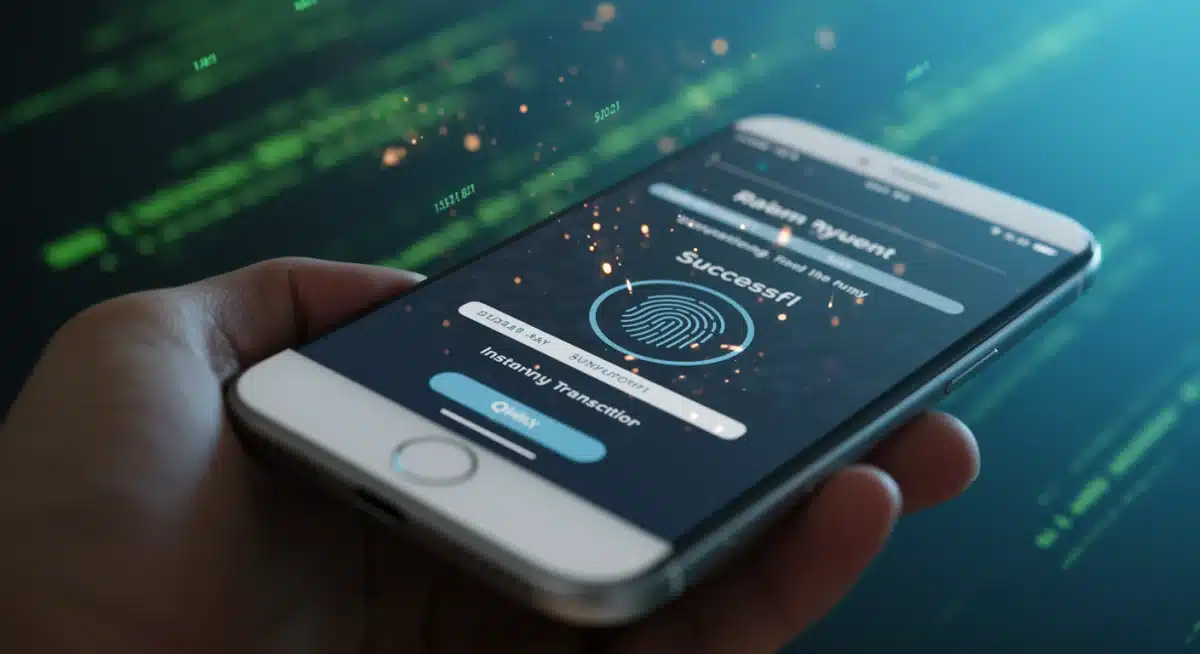 Secure mobile payment interface showing a successful instant transaction with biometric authentication.