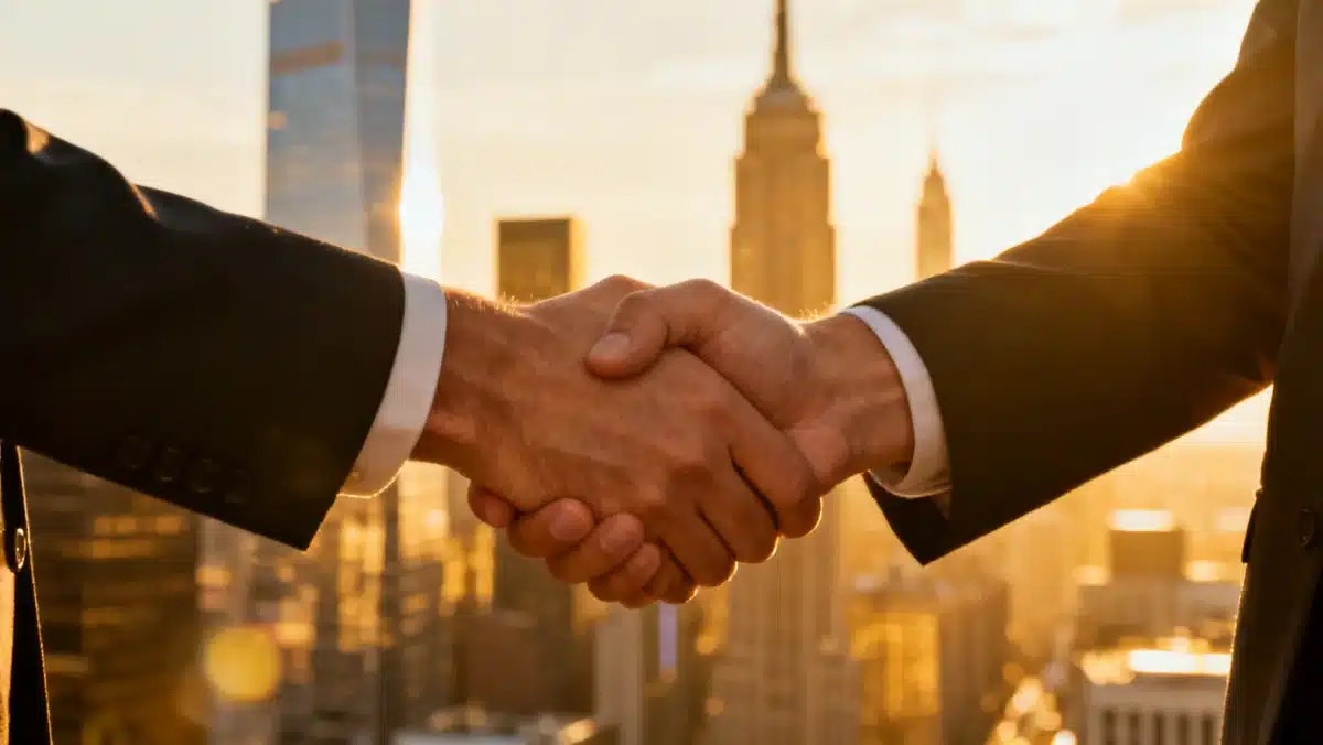 Successful handshake between fintech founder and venture capitalist after Series A funding.