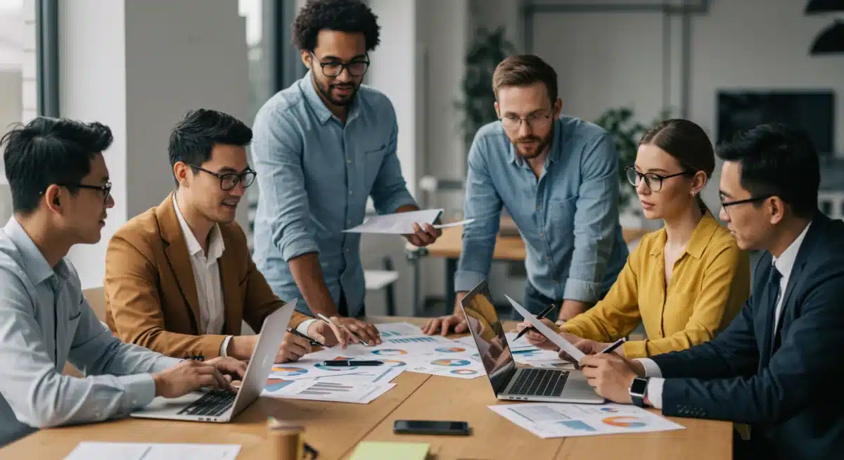 Diverse team collaborating on regulatory strategy in a modern office.