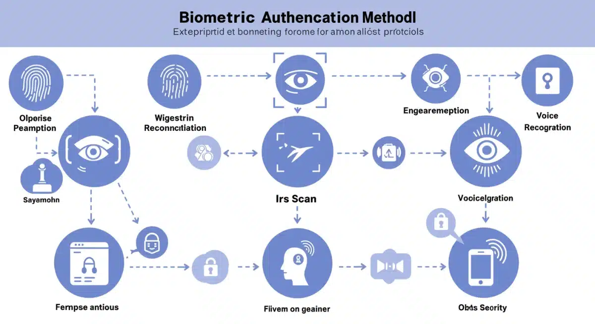 Infographic showing various biometric authentication methods like fingerprint, face, iris, and voice recognition for payments.