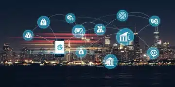 Futuristic digital payment network with glowing lines and mobile devices, symbolizing rapid transaction speeds in the US.