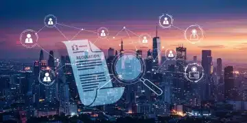 Futuristic city with data streams and magnifying glass over legal document, symbolizing regulatory innovation.
