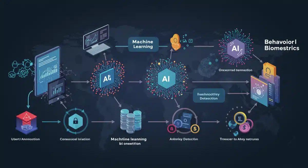Infographic showing AI and machine learning analyzing user behavior for fraud detection.