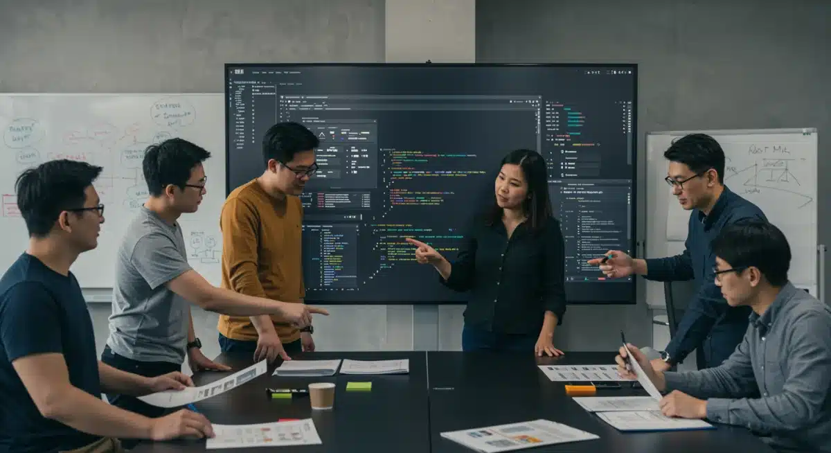 Developers and business strategists collaborating on API documentation and strategy.