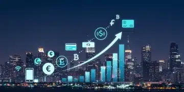 Digital payment icons converging on a growth chart for US businesses.