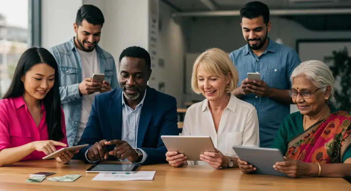 Diverse users engaging with inclusive digital financial tools on mobile devices.