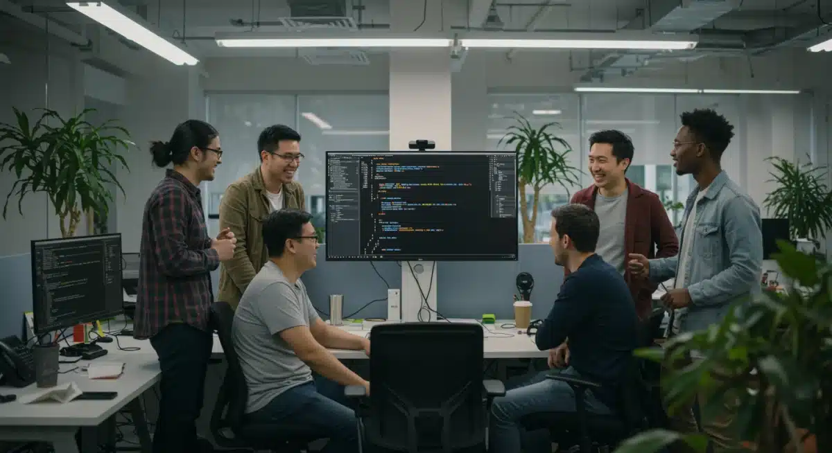 Diverse engineering team collaborating in an innovative fintech startup office