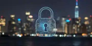Futuristic padlock protecting a financial city, symbolizing robust fintech cyber insurance