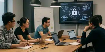 Fintech employees engaged in a cybersecurity training session, learning about data protection.