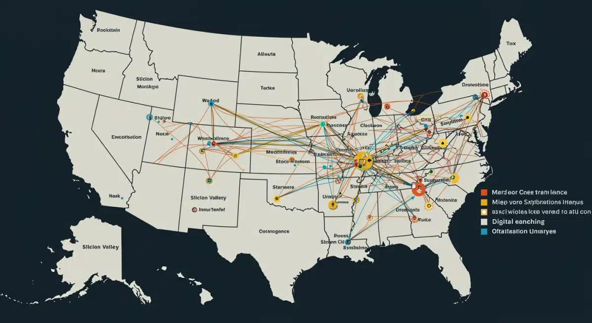Interconnected network of niche fintech sectors overlaid on a US map.