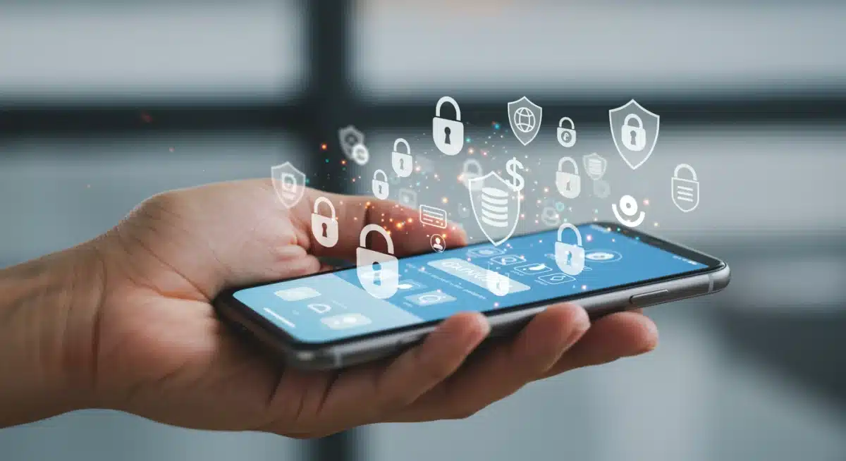 Mobile banking app with security icons, representing fintech regulatory compliance and data protection.