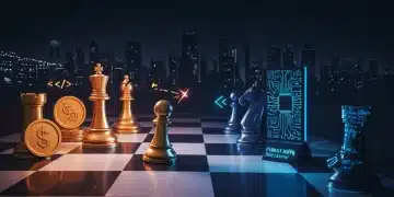 Strategic chessboard representing fintech talent wars with tech and finance symbols