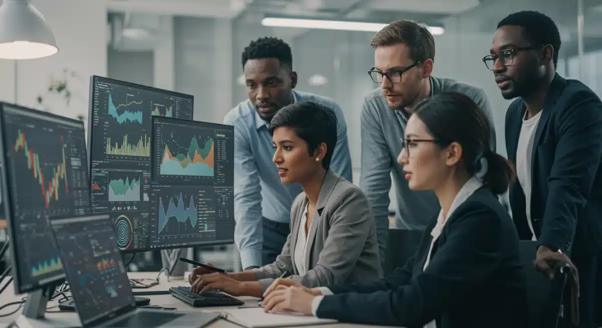 Diverse fintech team collaborating on innovative financial solutions and technology.