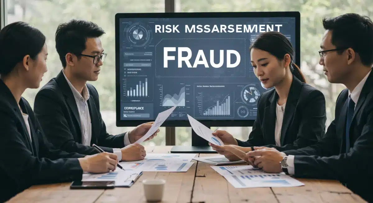 Business team collaborating on risk assessment and compliance for payment security.