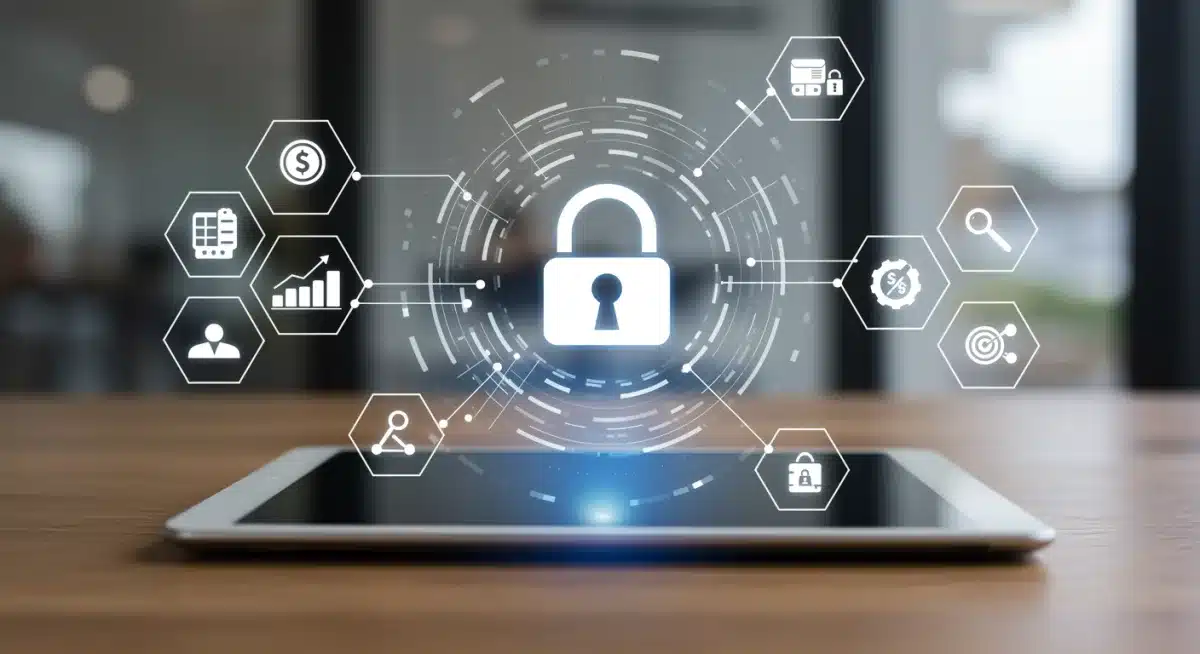 Secure digital transaction interface on a tablet, emphasizing data security.