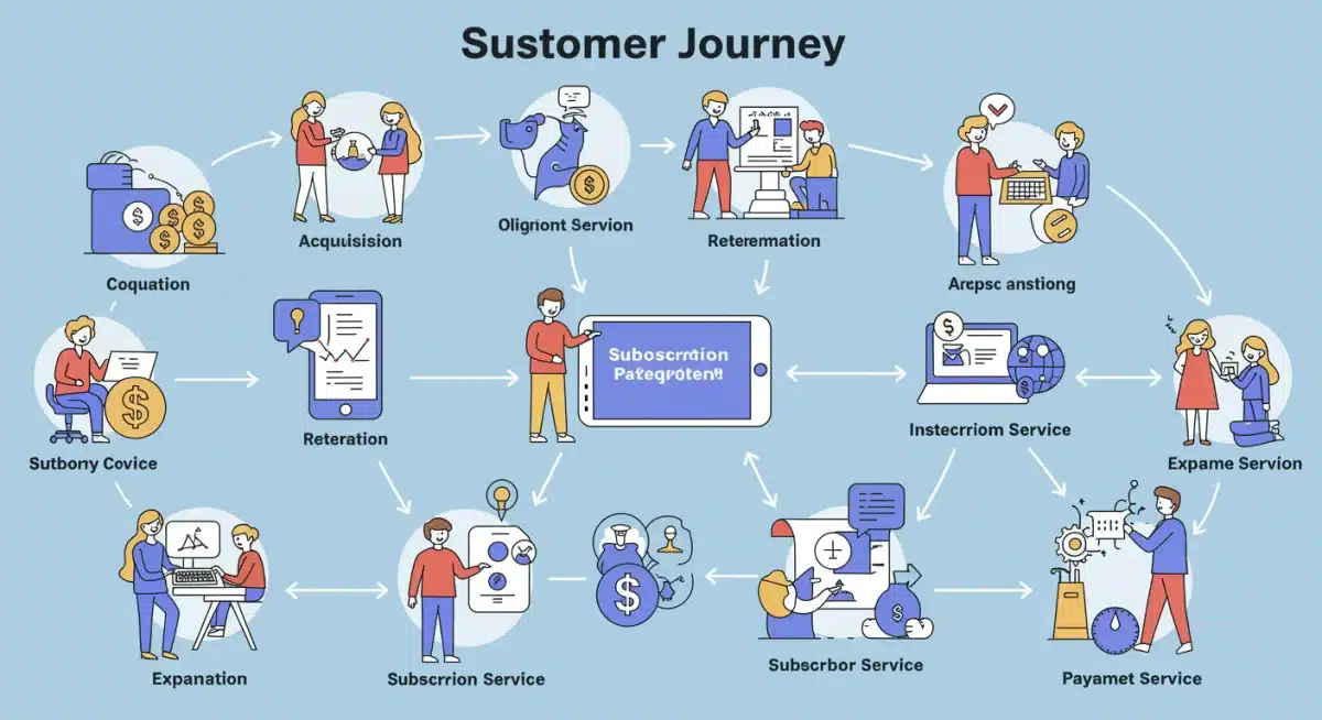 Customer journey infographic for subscription models with digital payment integration.