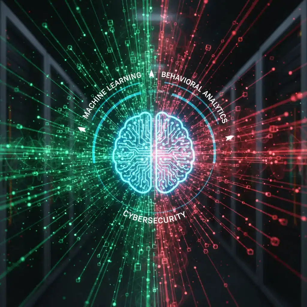Machine learning and behavioral analytics in action, showing data processing for threat detection.