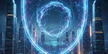 AI-powered digital shield protecting fintech city, symbolizing advanced threat detection and reduced false positives.