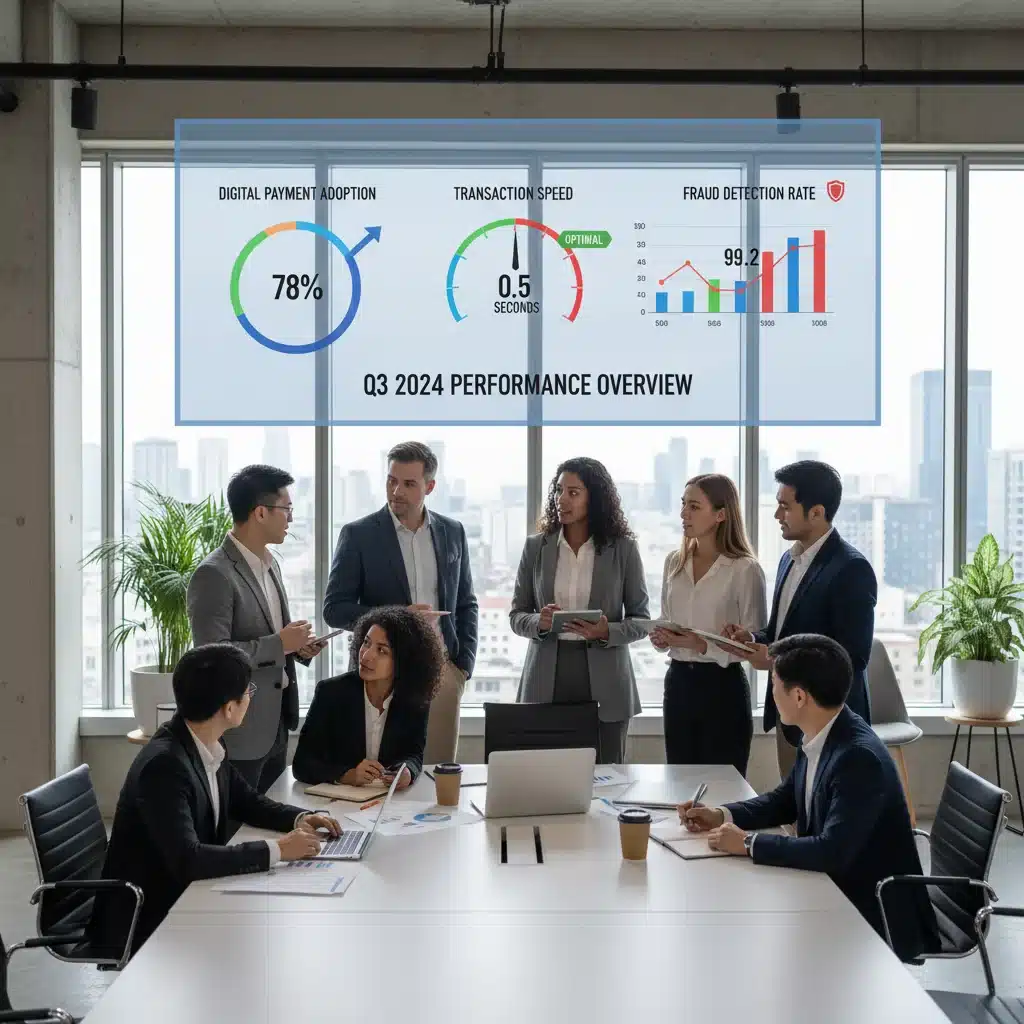 Business team analyzing digital payment performance metrics and fraud detection data.