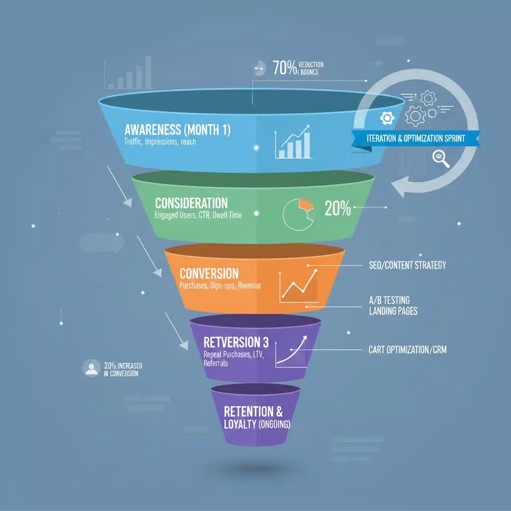 Infographic illustrating a customer acquisition funnel with three distinct phases and data points for optimization in a fintech context.