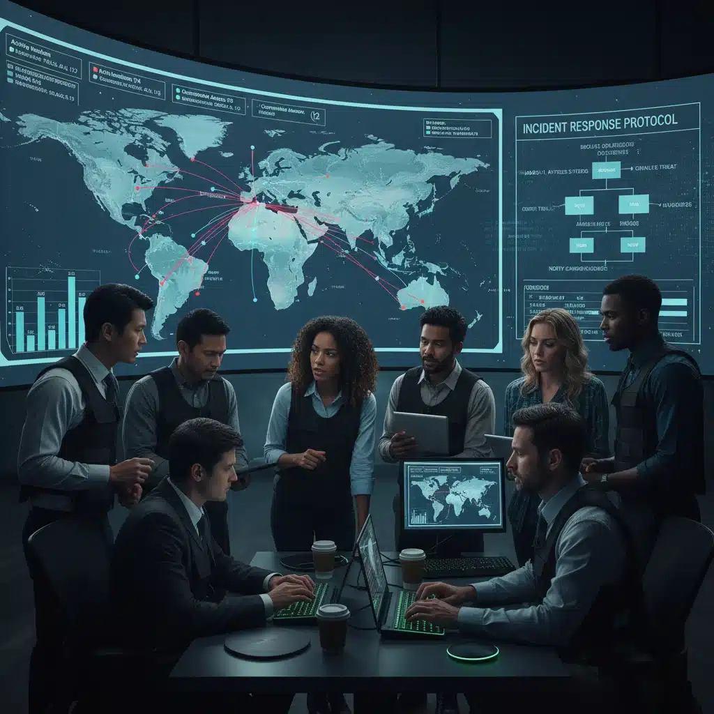 Cybersecurity team collaborating on real-time threat intelligence and incident response.