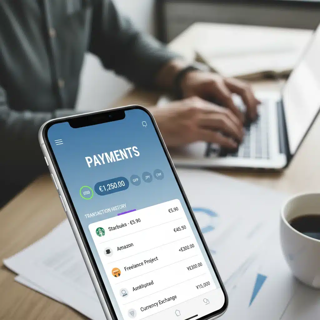 Smartphone displaying a digital payment app with currency exchange options, representing efficient cross-border transactions.