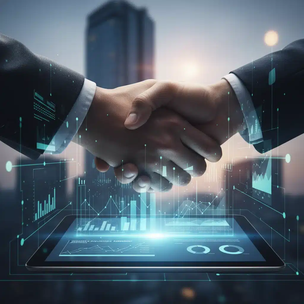 Conceptual image of a handshake over a digital tablet, symbolizing a fintech acquisition deal