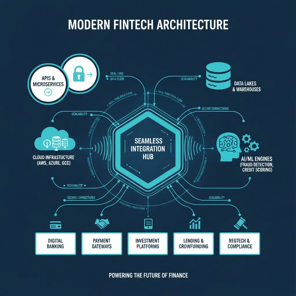 Infographic showing interconnected components of a modern fintech architecture.