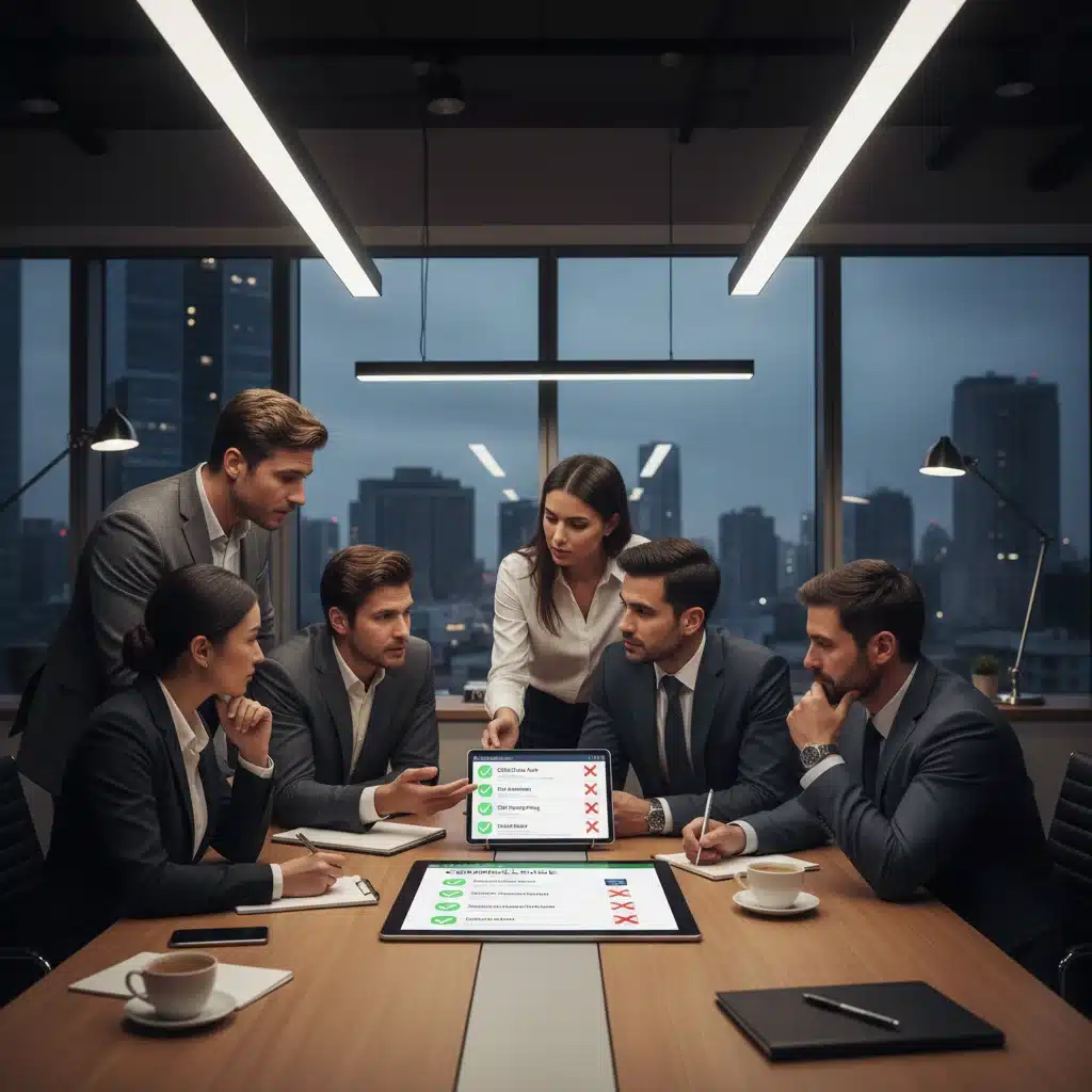 Fintech team collaborating on a compliance checklist for new data protection regulations, emphasizing strategic planning.