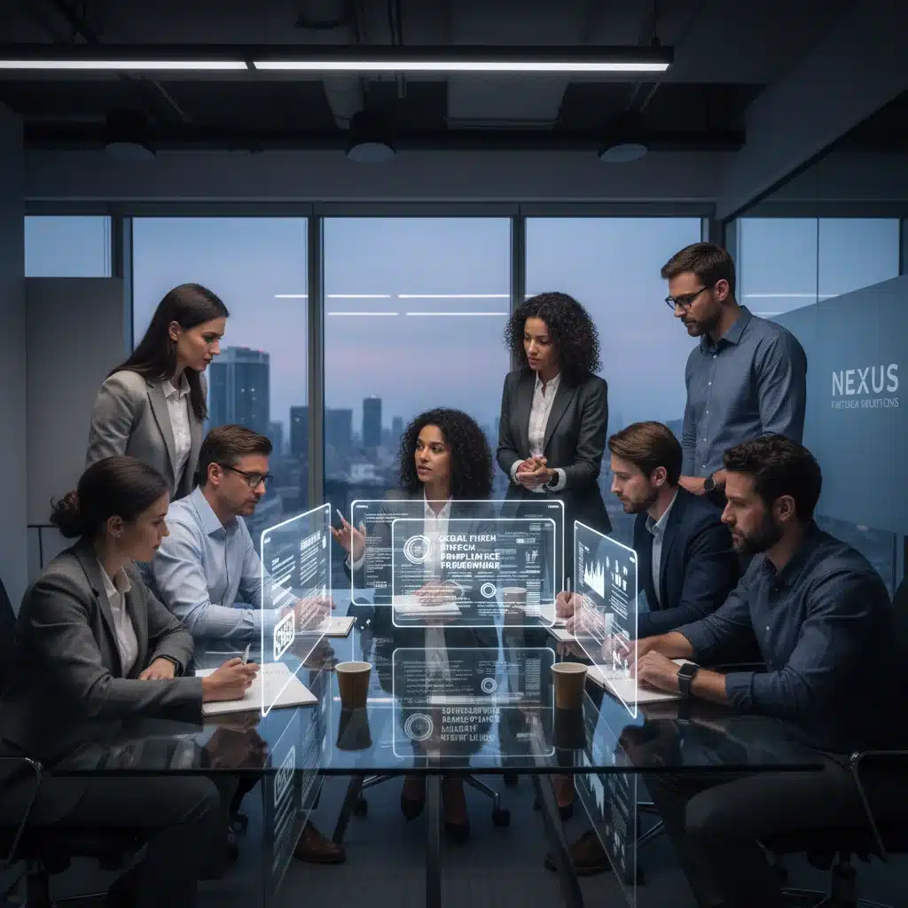 Fintech compliance team collaborating on regulatory strategy in a modern office
