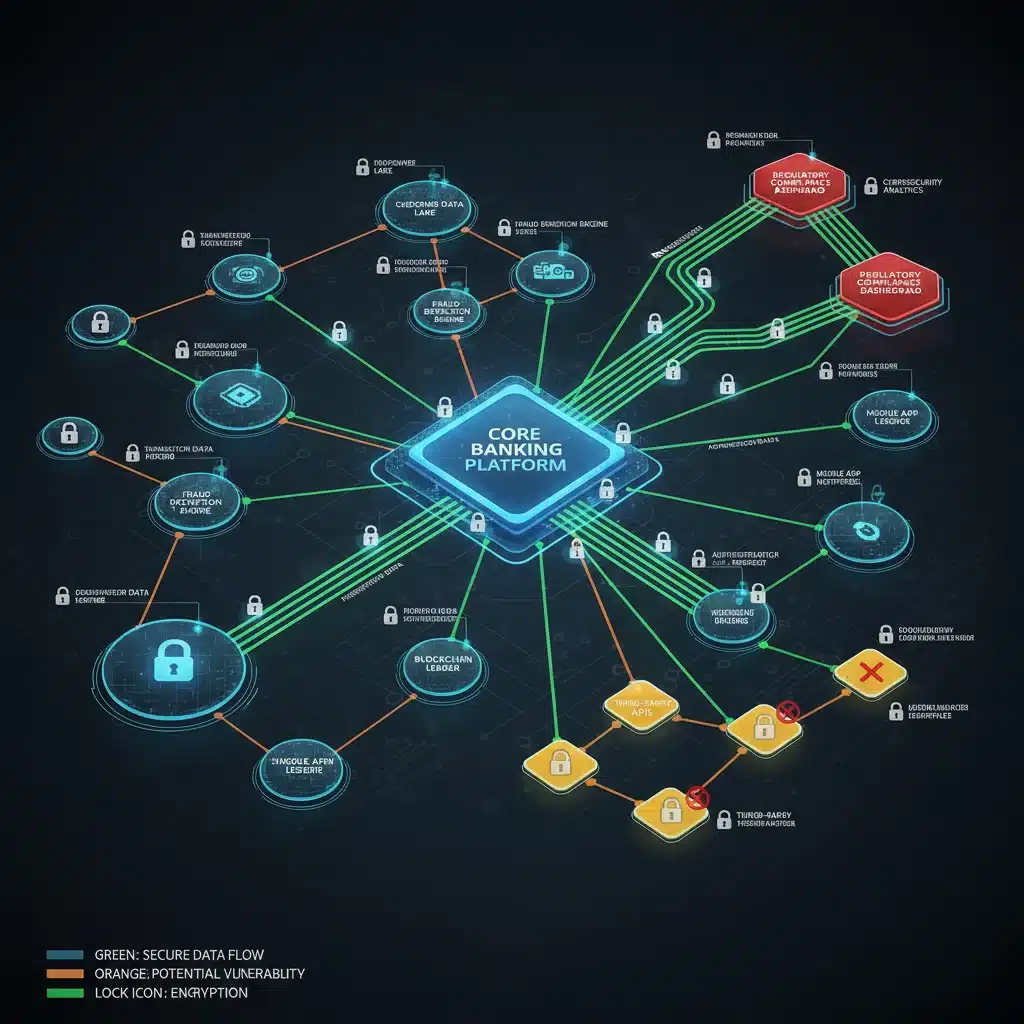 Intricate network diagram showing secure data flow and encryption within a fintech environment, illustrating compliance measures.