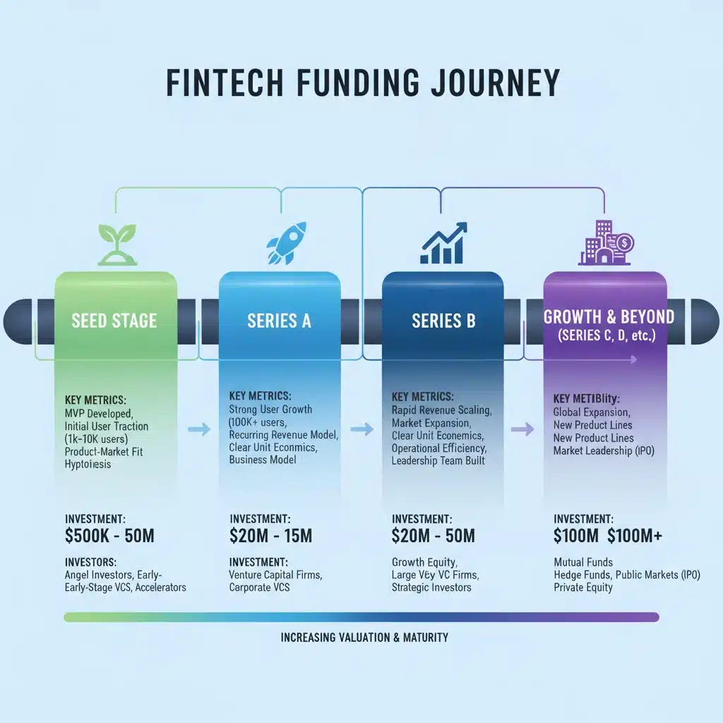 Infographic detailing the multi-stage funding pipeline for fintech startups, from seed to later rounds.