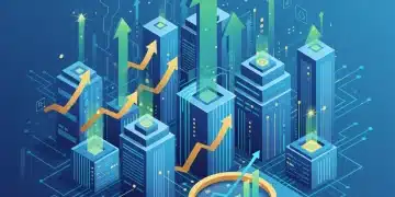 Dynamic illustration of fintech growth and successful exits in a cityscape with data analysis