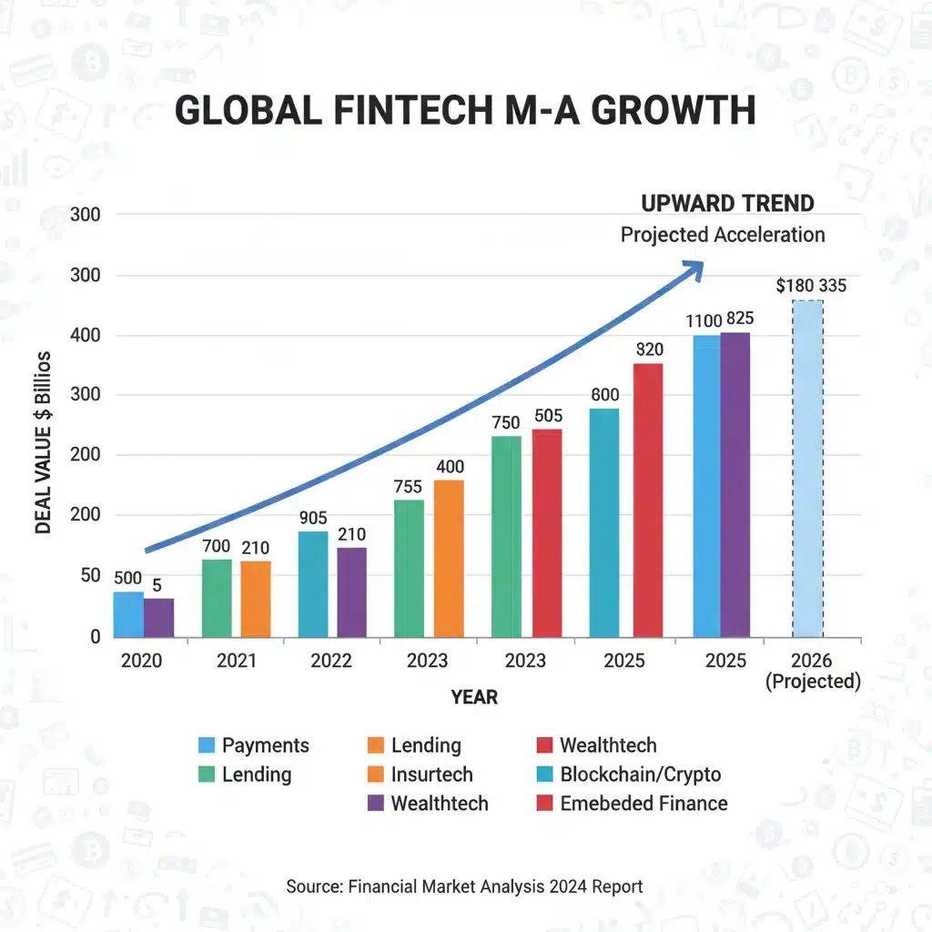 Infographic showing increasing fintech M&A activity and sub-sector growth trends