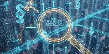 Futuristic cityscape with data streams and legal symbols representing 2026 US fintech regulation