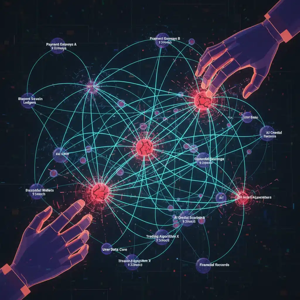 Complex network diagram showing fintech system vulnerabilities and external threats.