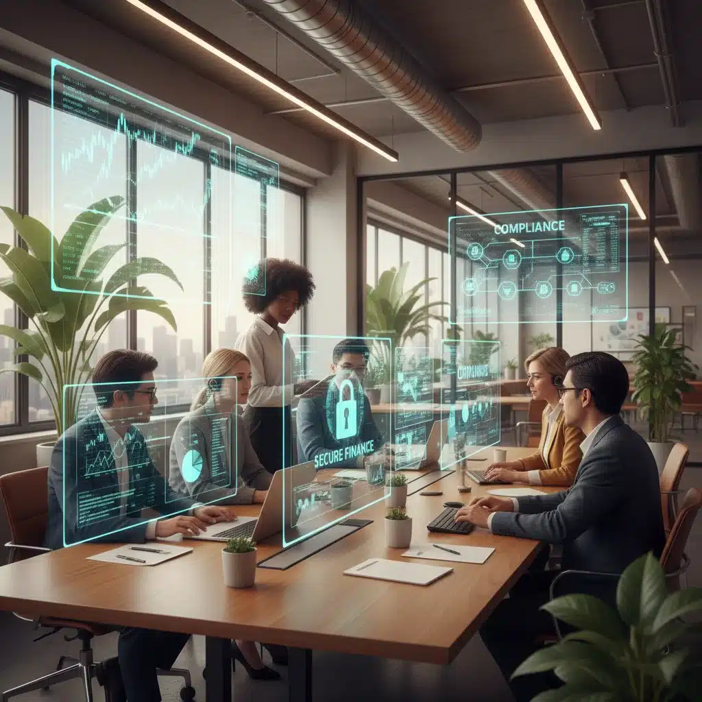 Fintech team collaborating on data and compliance in a modern office.