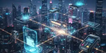 Futuristic digital payment network connecting devices in a modern cityscape, symbolizing innovation and speed.