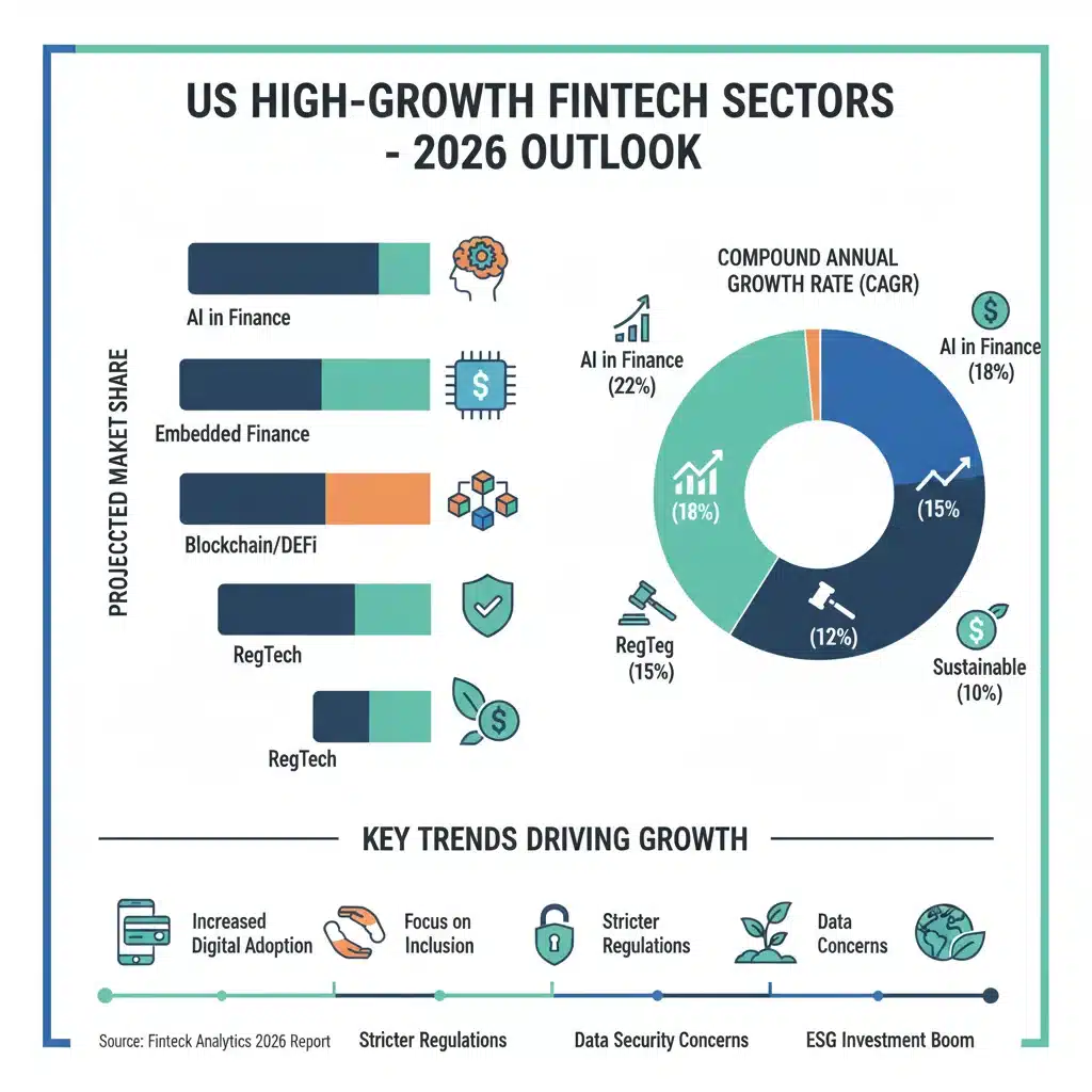 Infographic detailing high-growth US fintech sectors for 2026, including AI, blockchain, and embedded finance.
