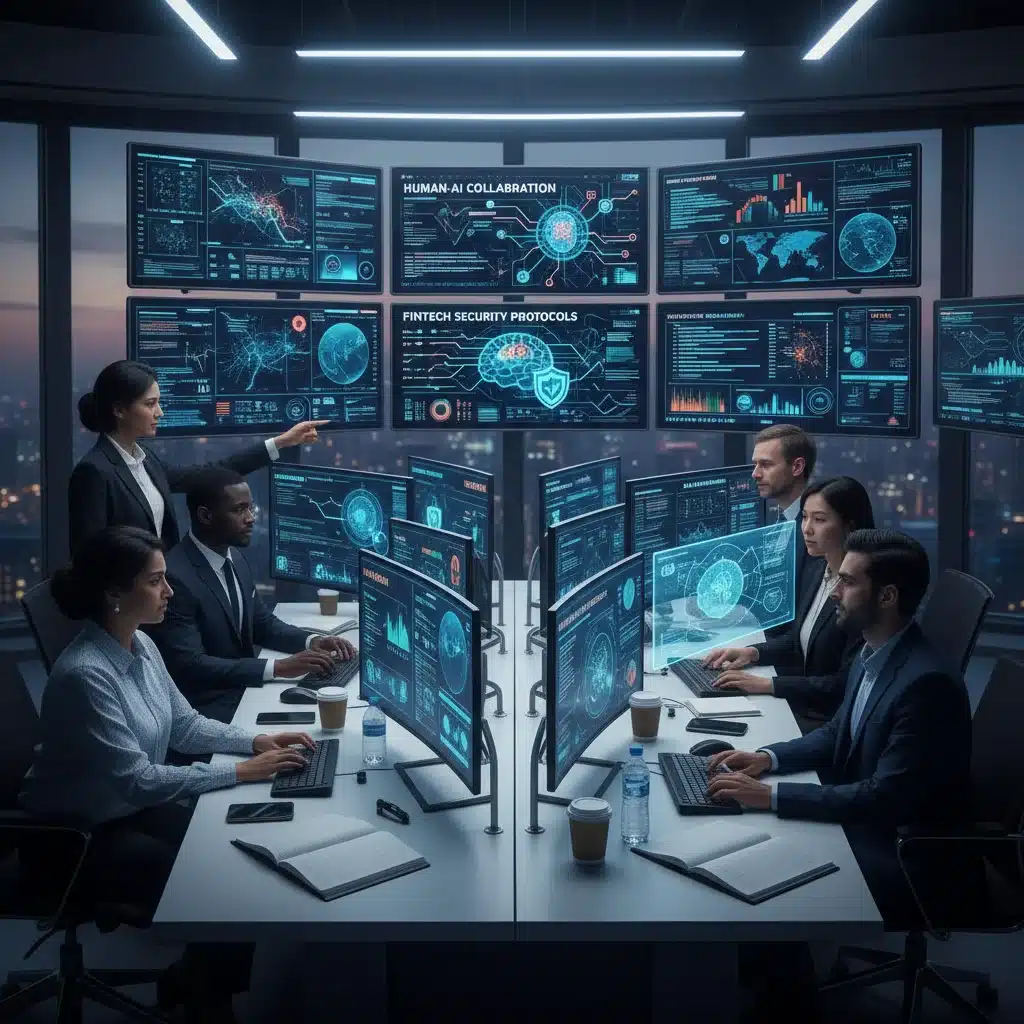 Cybersecurity team collaborating with AI tools in a control room, monitoring real-time threat intelligence.
