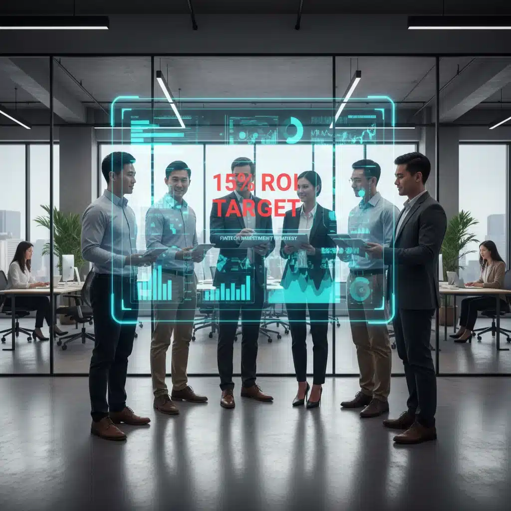 Investors analyzing financial projections and 15% ROI targets on a holographic screen in a modern office setting.