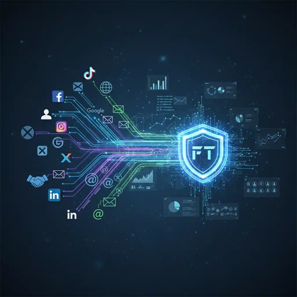 Digital marketing channels converging to a fintech platform, illustrating multi-channel user acquisition strategies.
