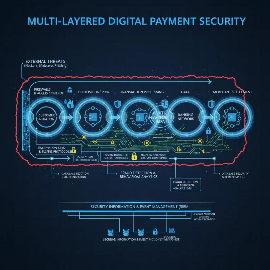Multi-layered cybersecurity defense diagram for digital payment processing