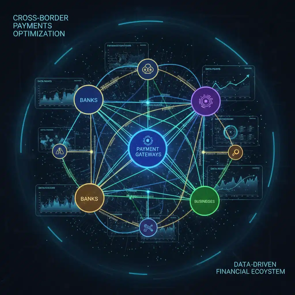 Intricate network diagram showing interconnected financial institutions and data analytics for payment optimization.