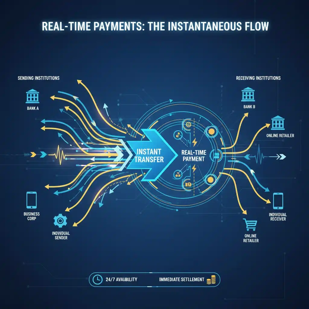Infographic illustrating the rapid, interconnected flow of real-time payments between banks, businesses, and consumers.