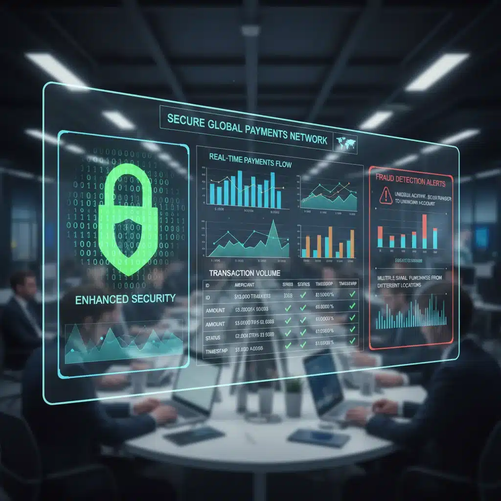Secure digital dashboard for real-time payments, showcasing fraud detection and efficient transaction monitoring.
