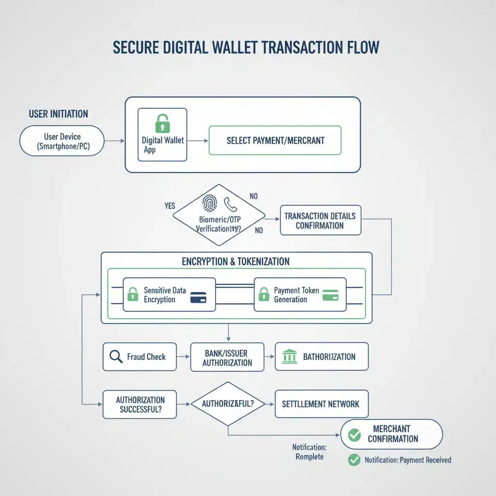 Flowchart of a secure digital wallet transaction process with encryption and authentication.