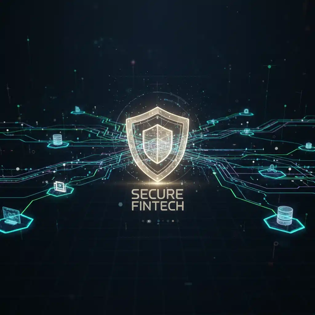Abstract visualization of secure data flow in a digital network with a shield icon