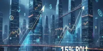 Futuristic US city skyline with financial data and 15% ROI growth, representing fintech investment outlook 2026.