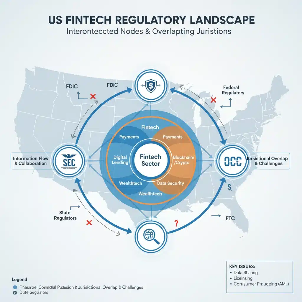 Infographic of interconnected US regulatory bodies impacting fintech compliance